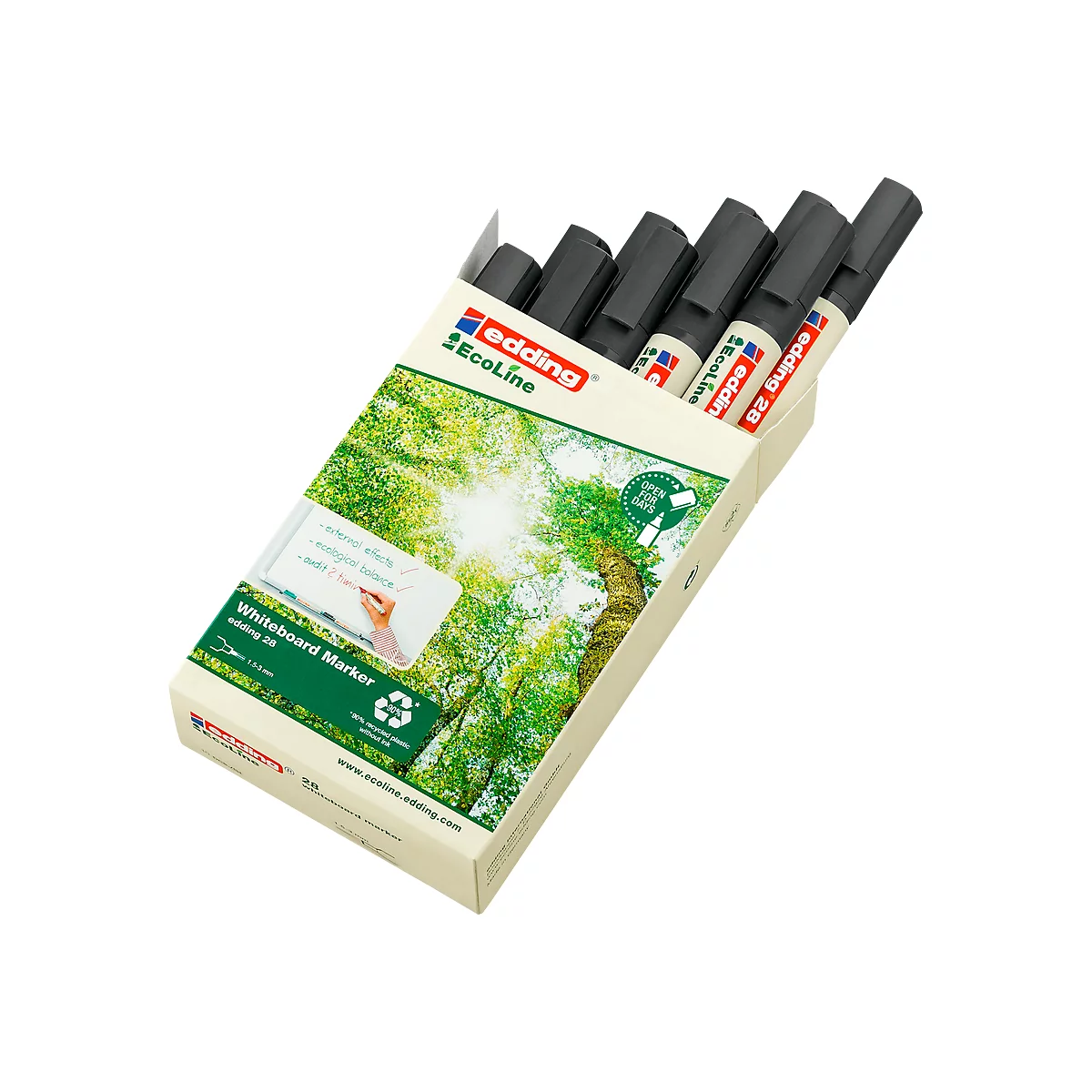 Edding Ecoline Whiteboard Marker in Verpackung. Aufdrucke und Naturmotiv. Stifte liegen schräg im Karton.