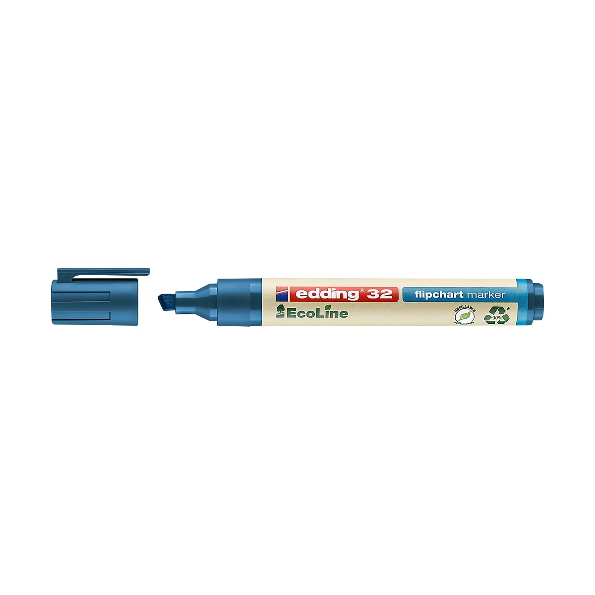 Blauer Flipchart-Marker von Edding, Kappe geöffnet. Aufschrift: edding 32, EcoLine.