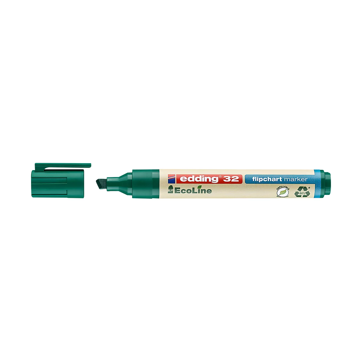 Grüner Edding 32 Flipchart Marker mit geöffneter Kappe. Beschriftung: "edding 32 flipchart marker", Ecoline Label und Recycling-Symbole.