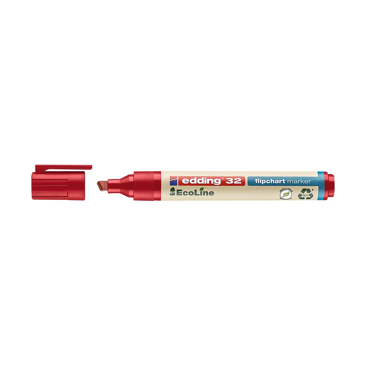 Nahaufnahme eines roten Edding 32 Flipchart-Markers mit geöffneter Kappe. Text: Edding 32, Ecoline, Flipchart Marker.