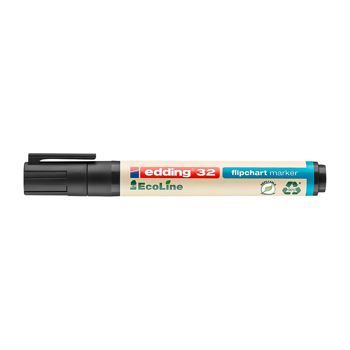 Ein schwarzer Edding 32 Flipchart Marker, mit roter und blauer Beschriftung. Aufschrift: Edding 32 flipchart marker EcoLine.