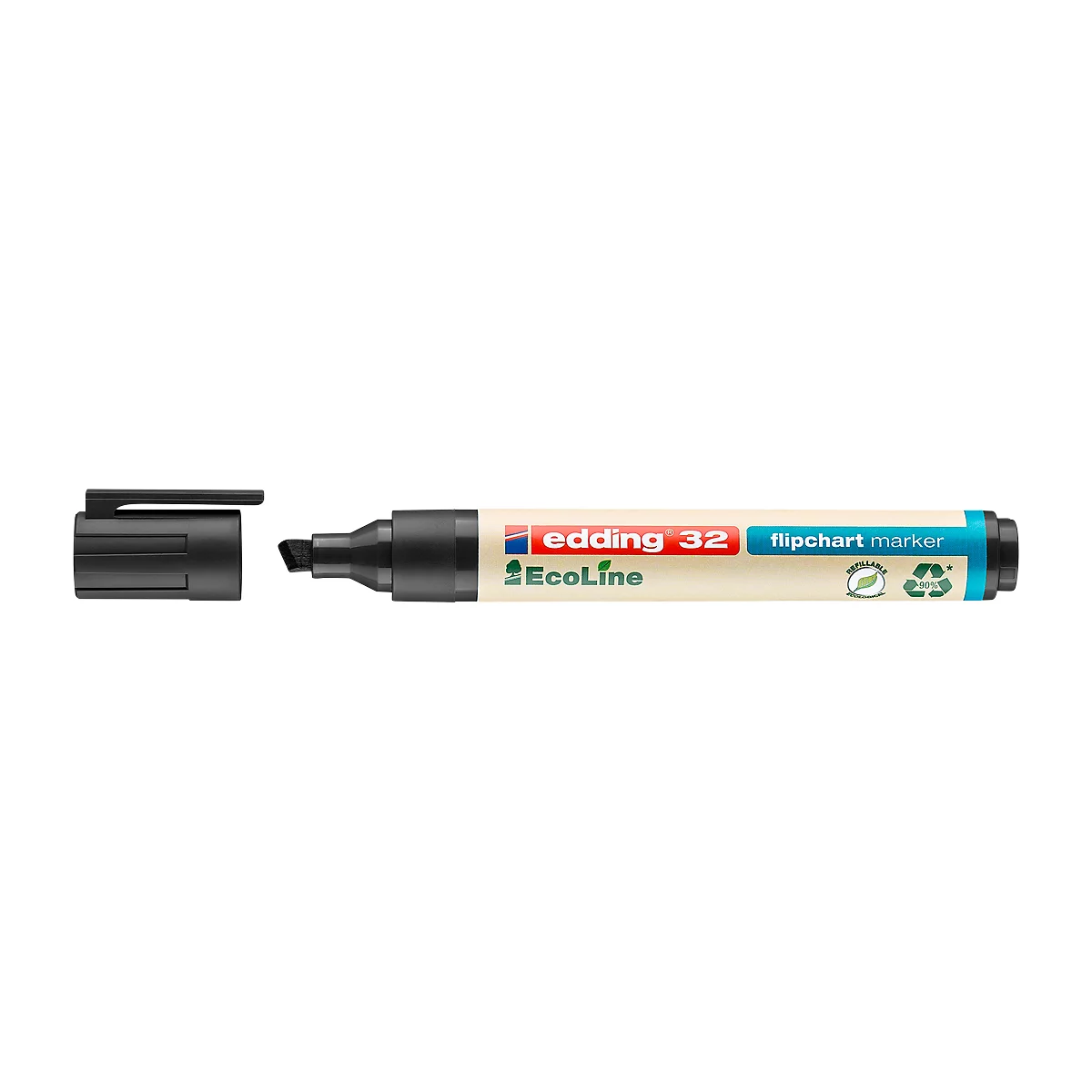 Schwarzer Edding Flipchart Marker mit offener Kappe, Markenname und Produktdetails deutlich erkennbar.