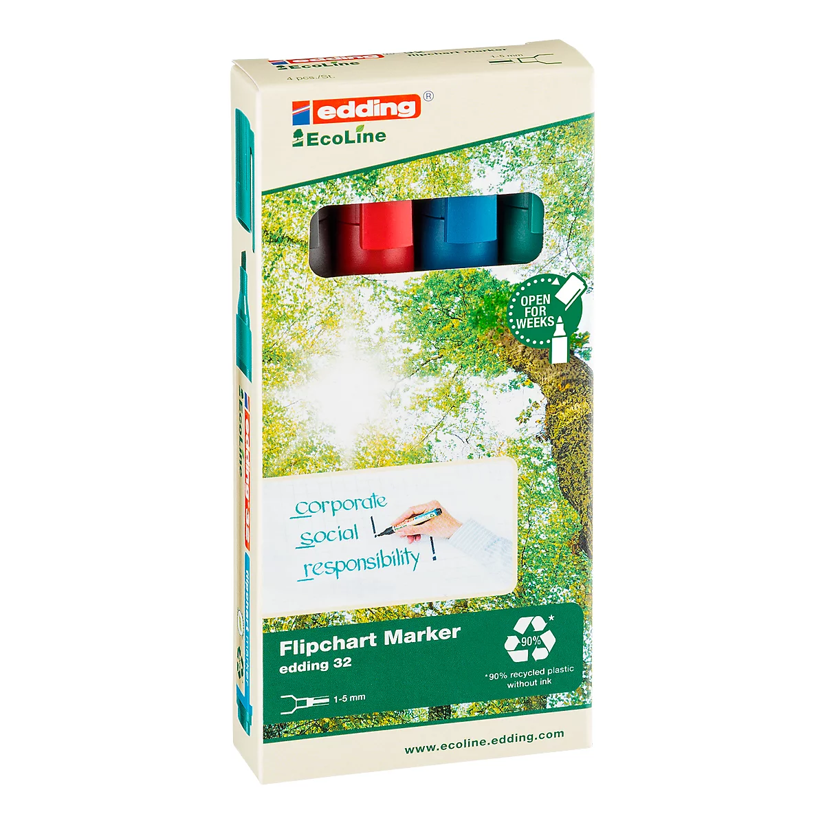 Eine Packung Edding EcoLine Flipchart Marker mit roter, blauer und grüner Tinte, vor einem Hintergrund von Bäumen.