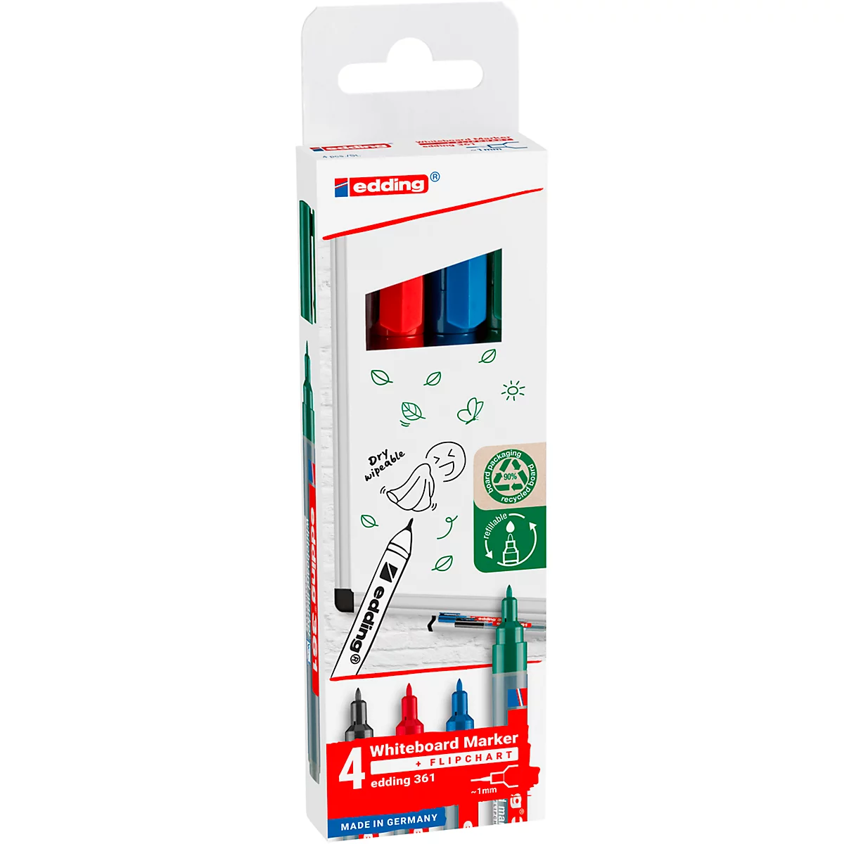 Verpakking met vier Edding whiteboard markers in rood, blauw, groen en zwart. Gedrukt: "Whiteboard Marker + Flipchart".