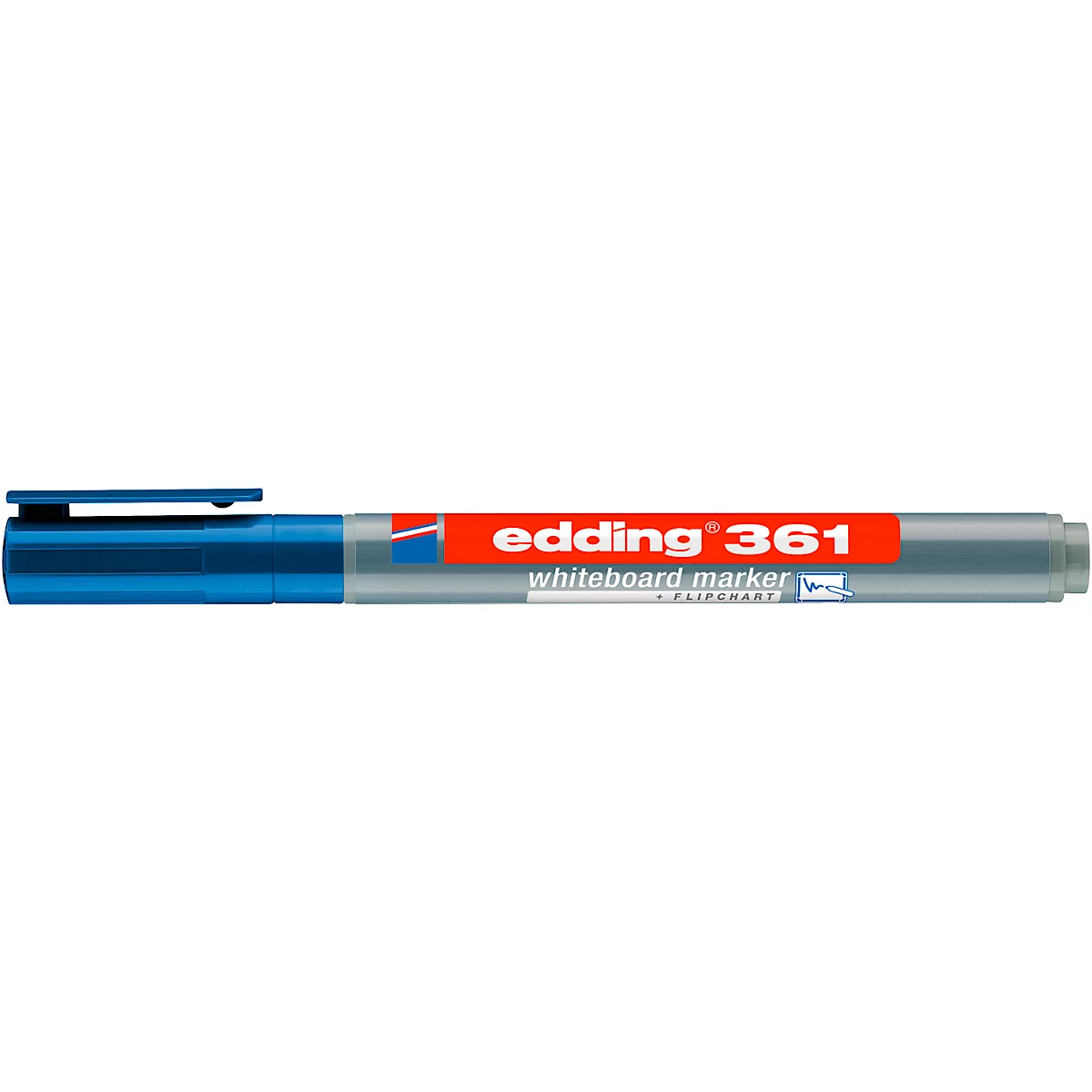 Een blauwe Edding 361 whiteboard marker. De pen heeft de tekst "edding 361" en "whiteboard marker" in het rood.