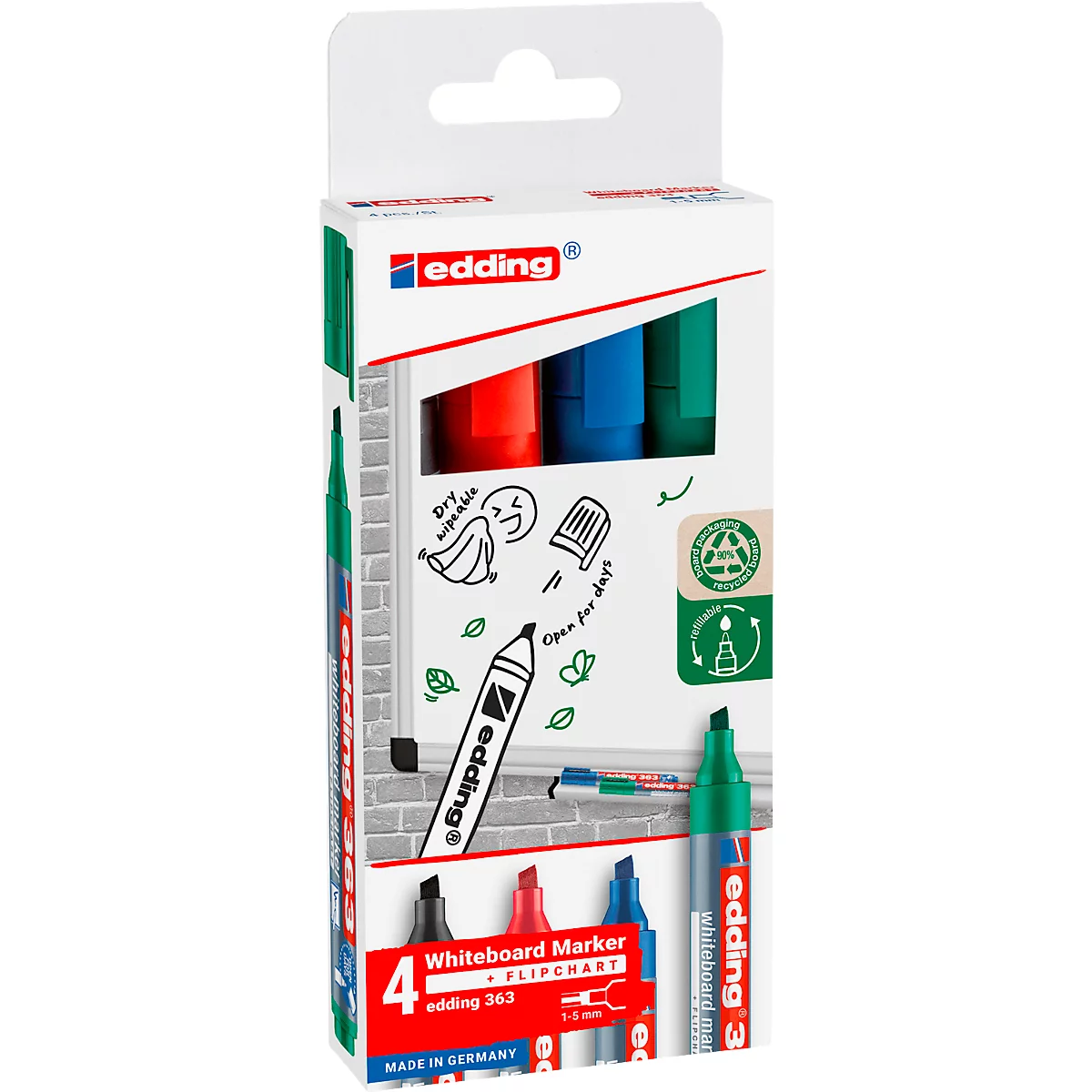 edding 363 Whiteboard Marker, farbsortiert, 4er Set, Keilspitze