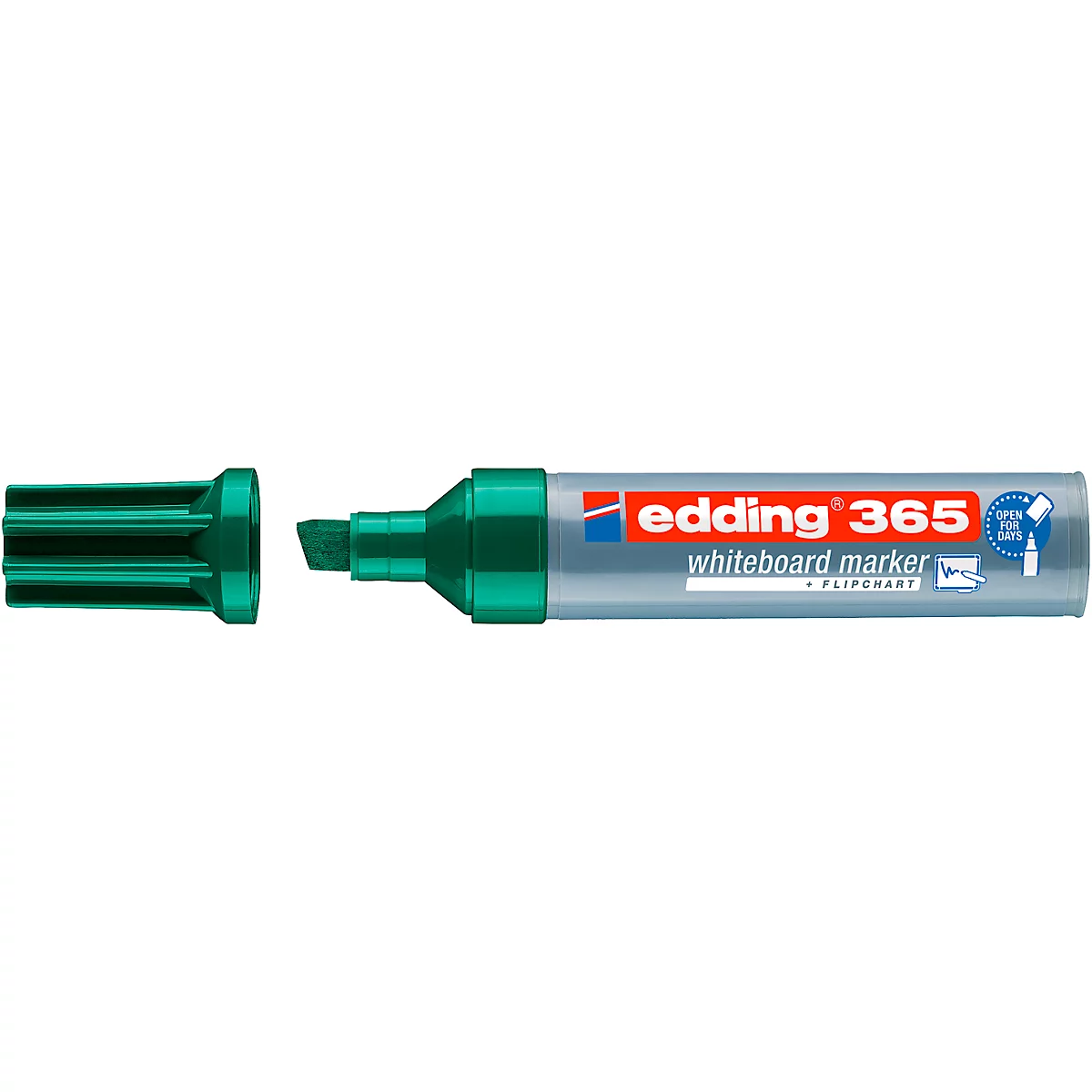 Groene whiteboard marker, dop verwijderd, opschrift Edding 365.