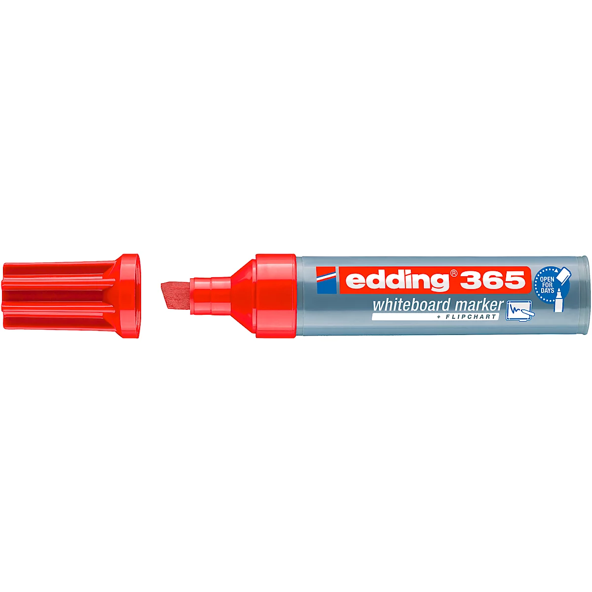 Close-up van een rode Edding 365 whiteboard marker met de dop verwijderd.