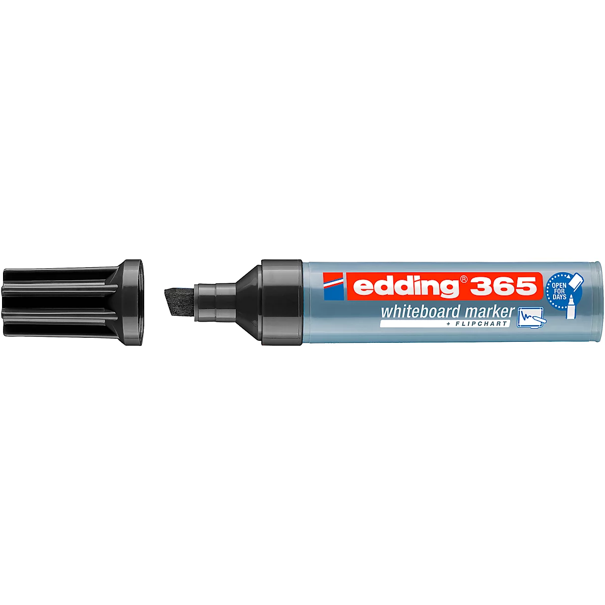 Een open, zwarte Edding 365 whiteboard marker, met de dop ernaast. De marker heeft een grijze schacht met rode letters.