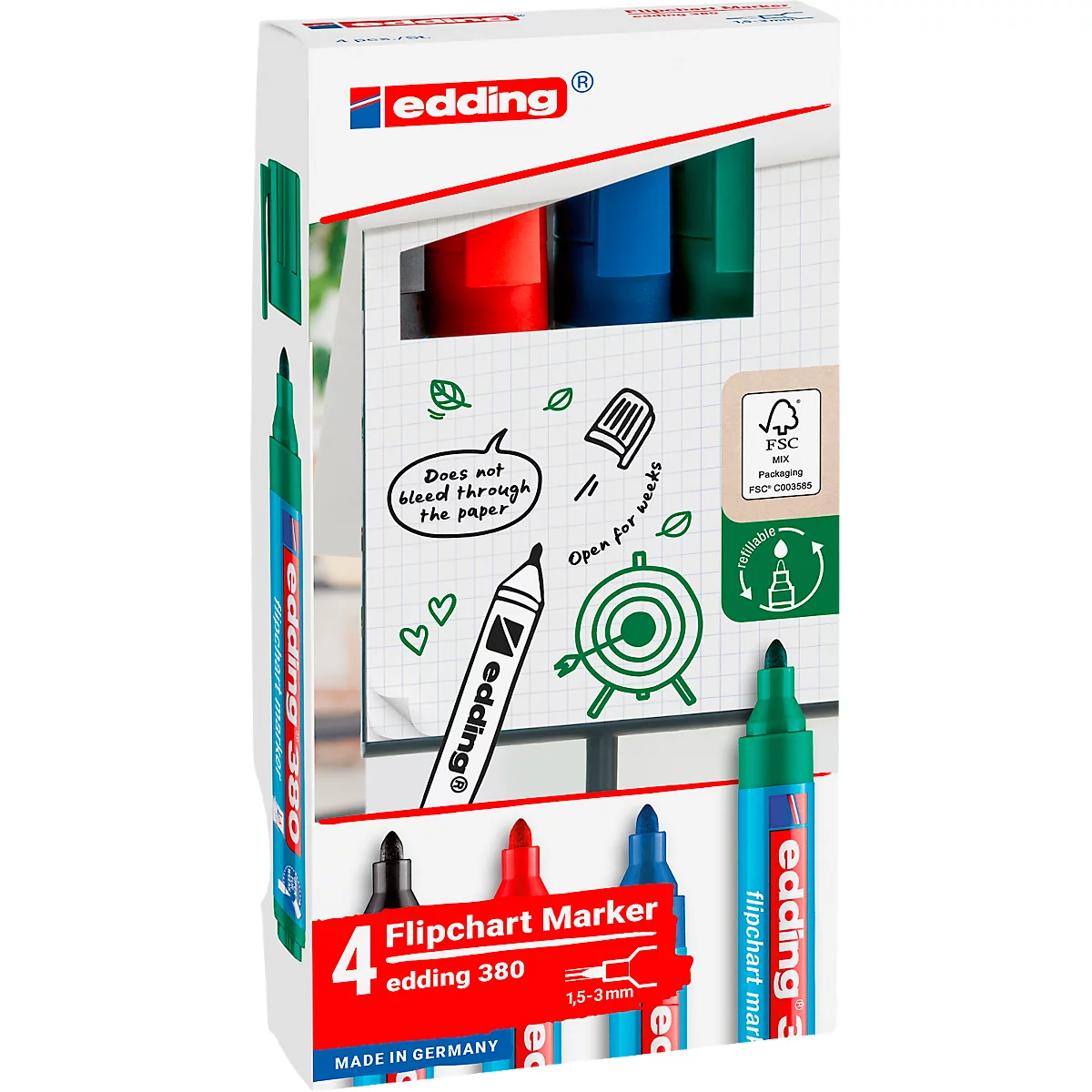 edding 380 Flipchart-Marker, Rundspitze, farbsortiert, 4er Set