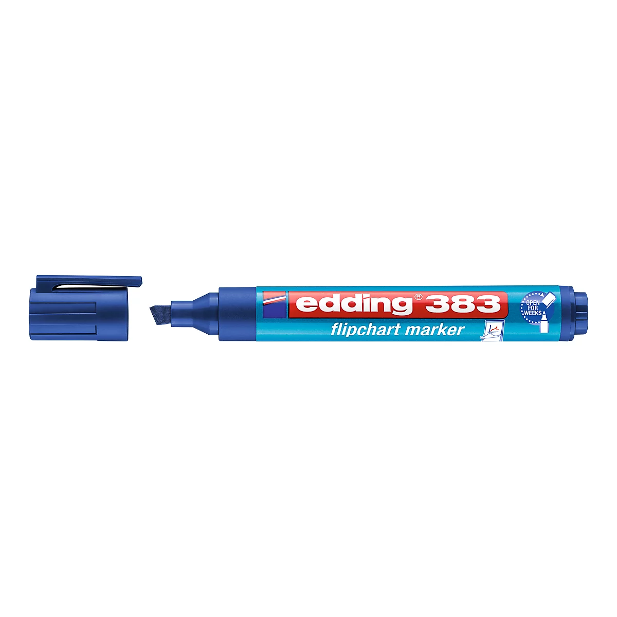 Blue edding flipchart marker, cap next to it. Inscription: edding 383, flipchart marker.