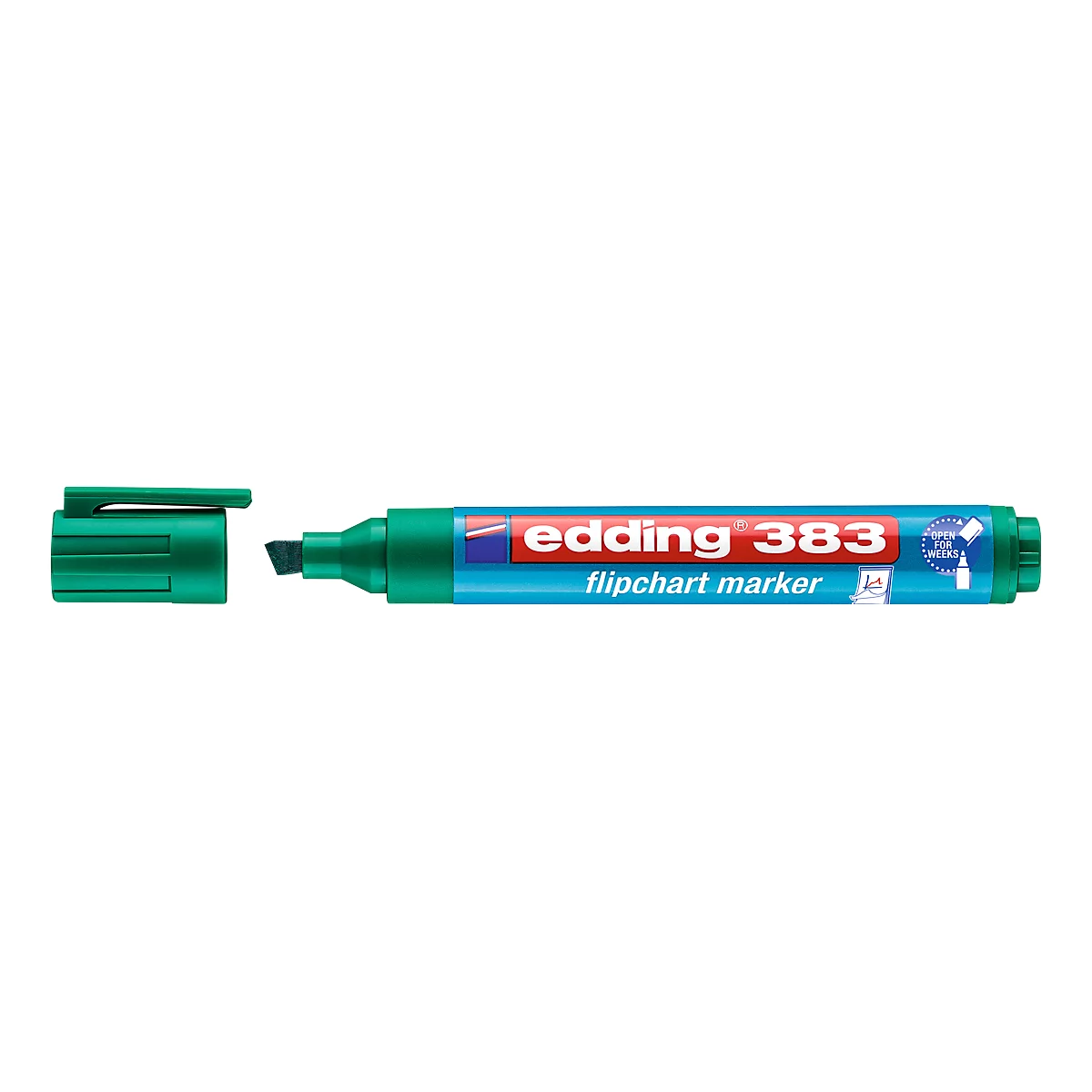 Green Edding flip chart marker with open cap.