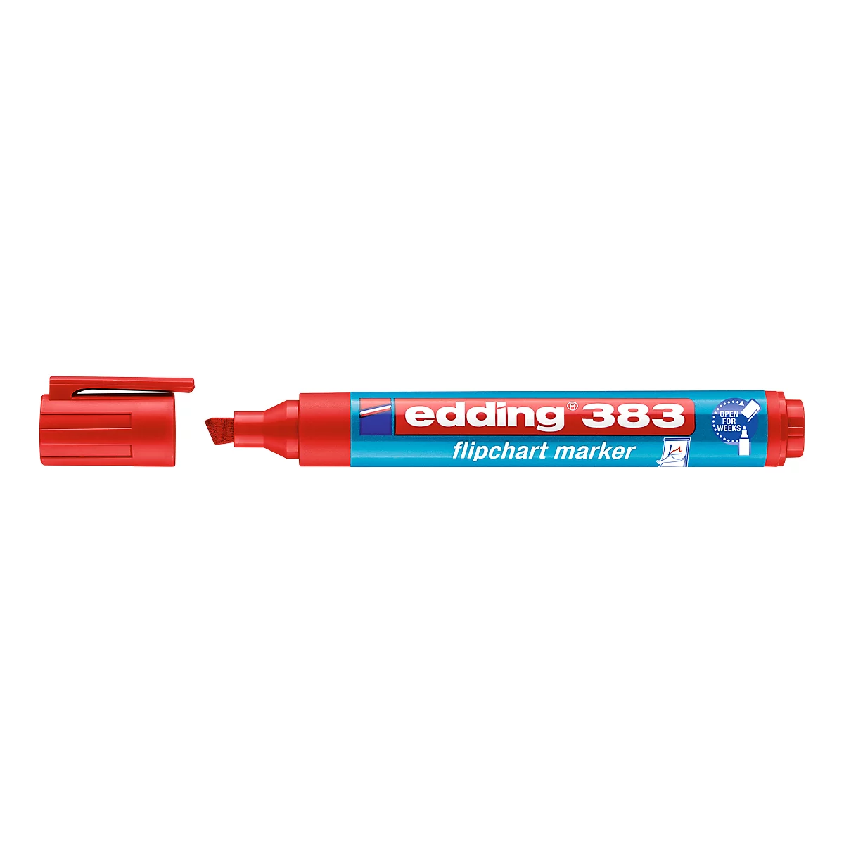 A red Edding 383 flip chart marker with open cap. The pen reads "edding 383 flipchart marker".