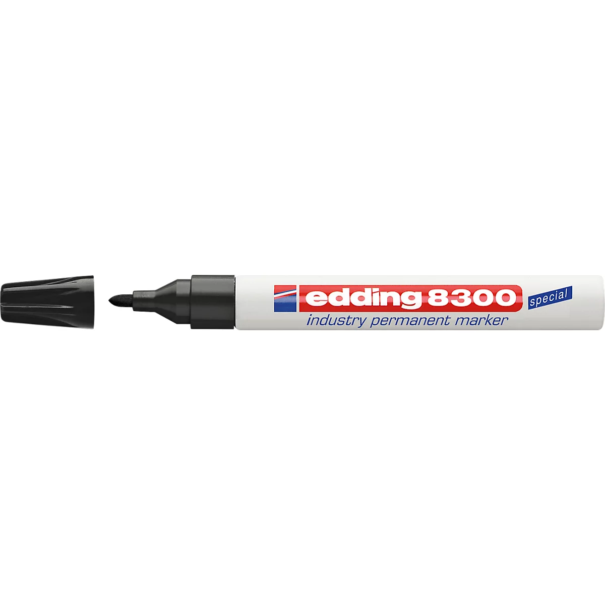Close-up of a black Edding 8300 industry permanent marker. The pen has a black shaft and a black tip. The logo is visible.