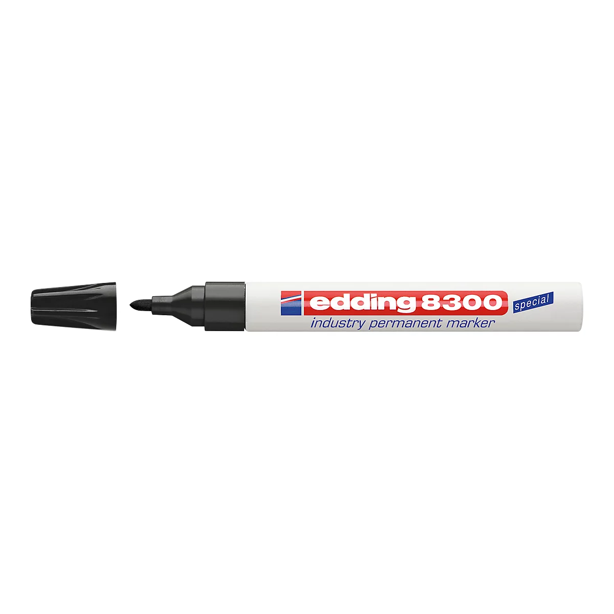 Close-up of a black Edding marker, partially open, with "edding 8300" written on it.