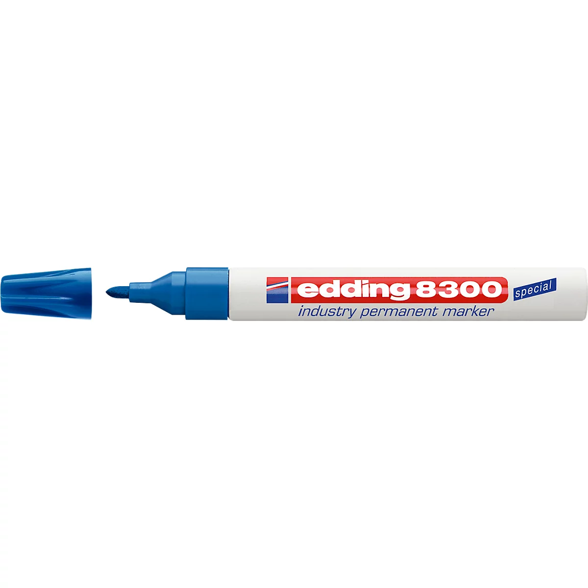 A blue Edding 8300 pen. The cap is lying next to it. The pen is labeled with "edding 8300 industry permanent marker".