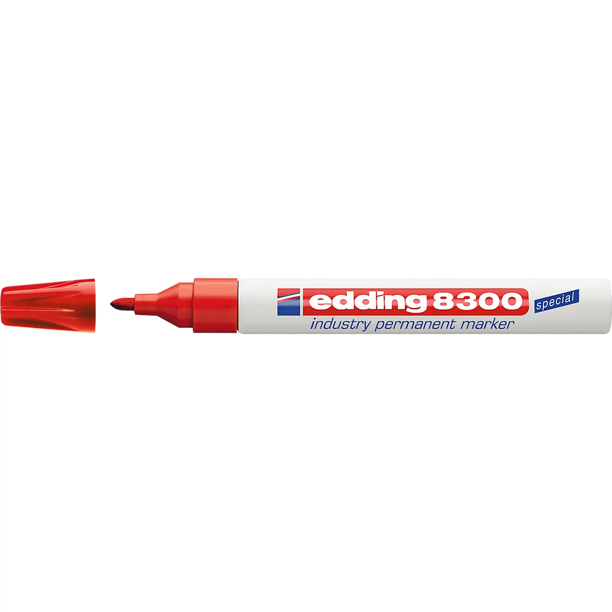 Close-up of a red Edding marker. The pen is partially visible with a cap, next to the lettering.