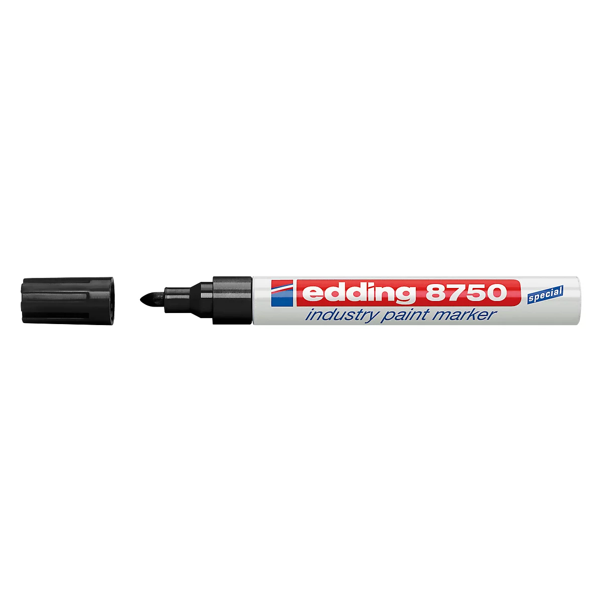 A black Edding 8750 industrial paint marker with the cap off. The pen reads “edding 8750 industry paint marker.”