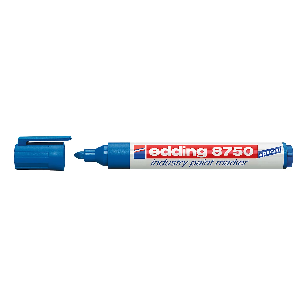 Blue Edding industry paint marker with cap, text: Edding 8750.