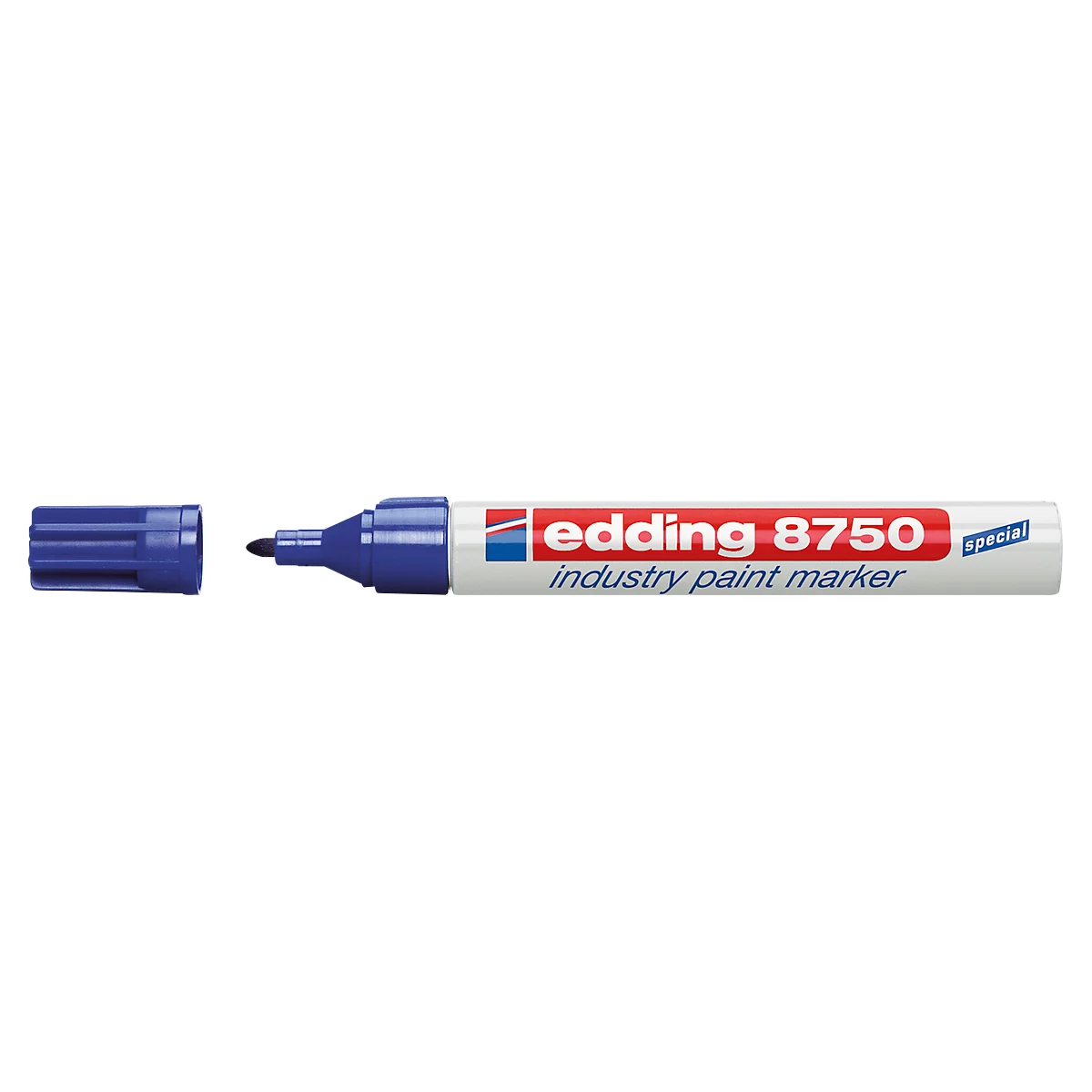Blue Edding 8750 pen, cap next to it. Inscription: Edding 8750 industry paint marker.