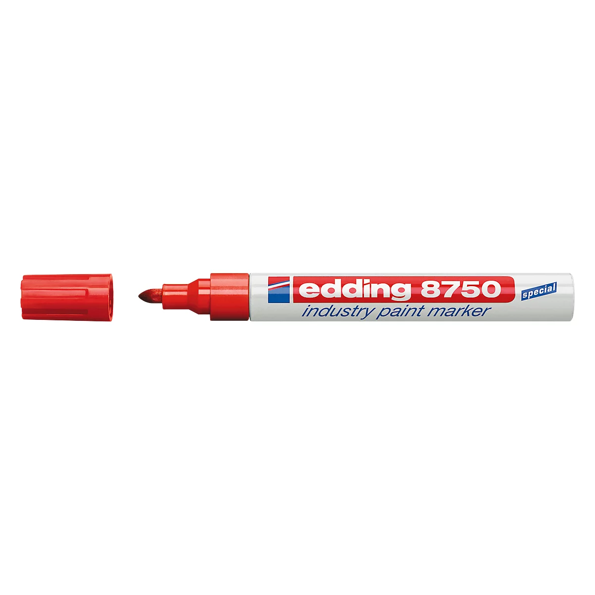 Red Edding industrial marker with the cap off. The text "edding 8750 industry paint marker" is written on the marker.