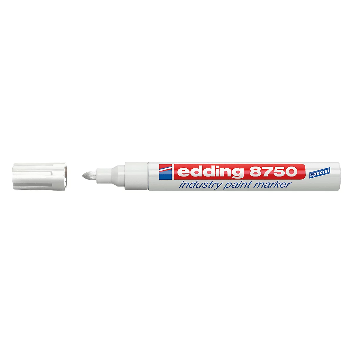 White Edding 8750 Industry Paint Marker with the cap off.
