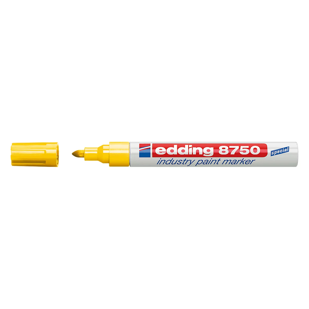 Yellow Edding 8750 industry paint marker. The cap is removed.