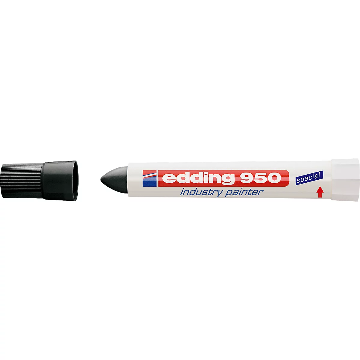 A black Edding 950 industry marker with the cap off. The name and product designation are on the white pen body.