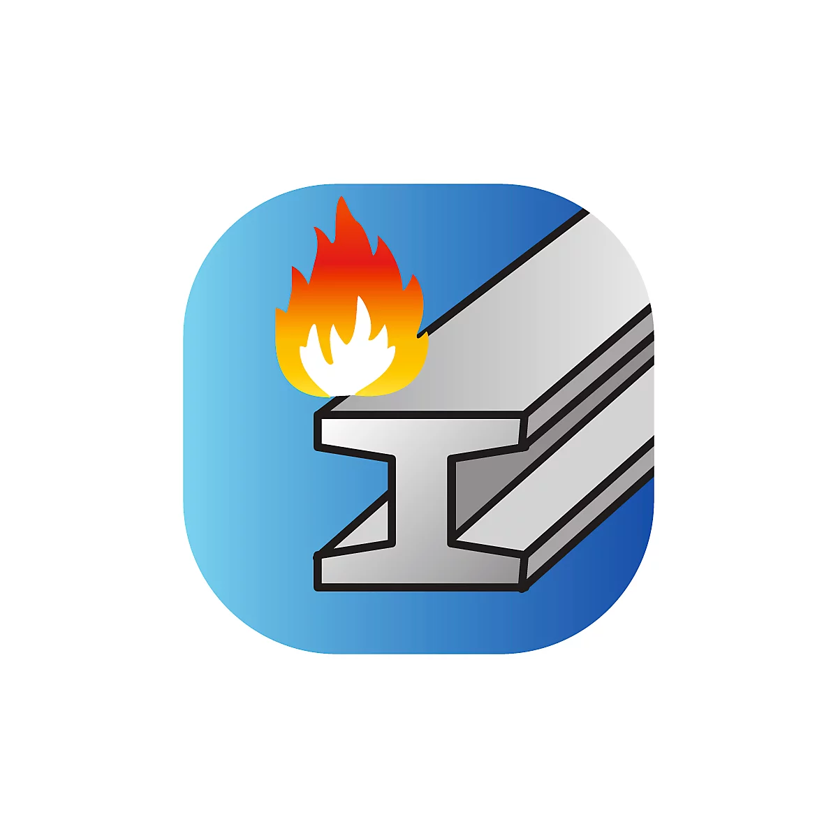 Grey steel profile, flames above, on blue background.