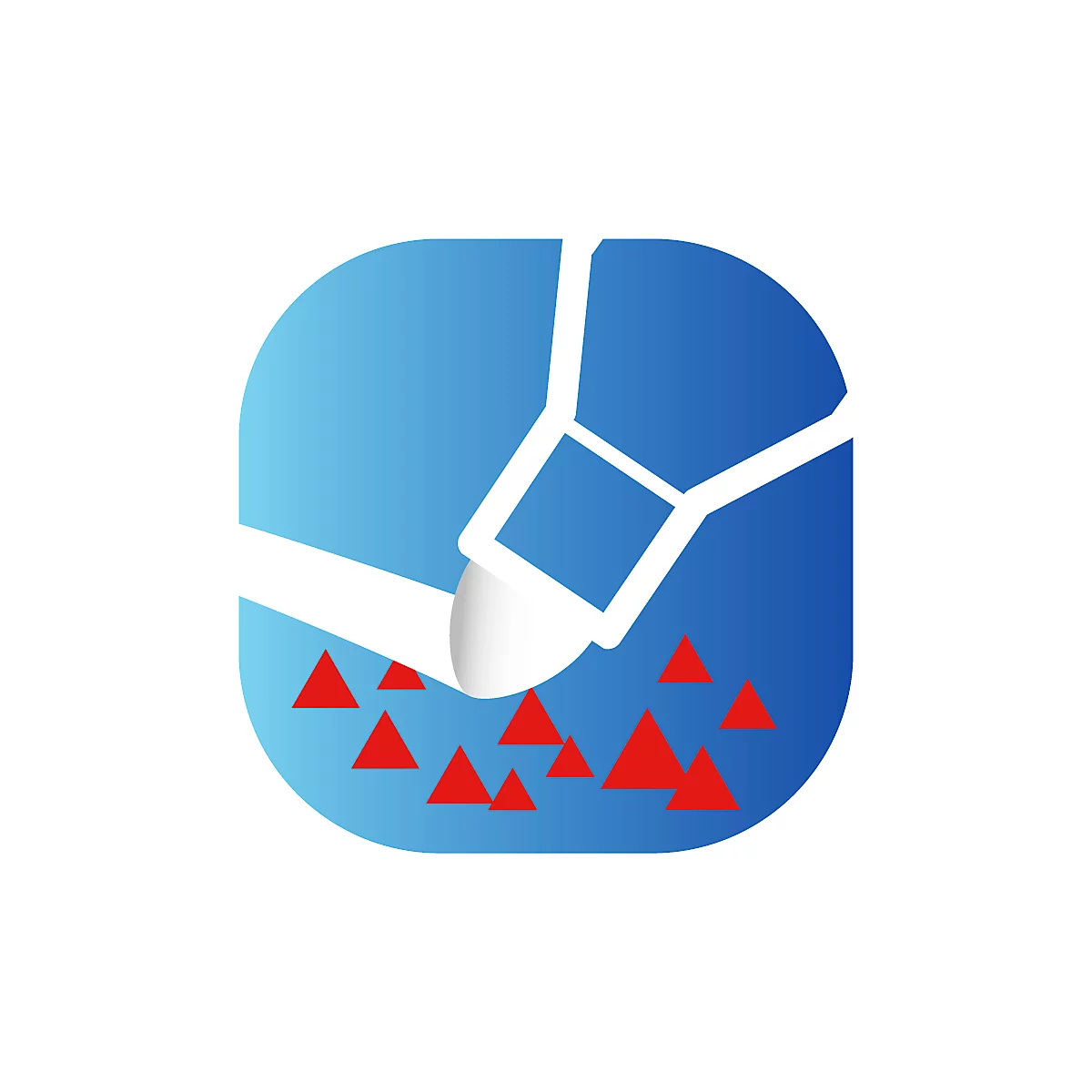 Graphic: Hand wiping area with red triangles, against a blue background.