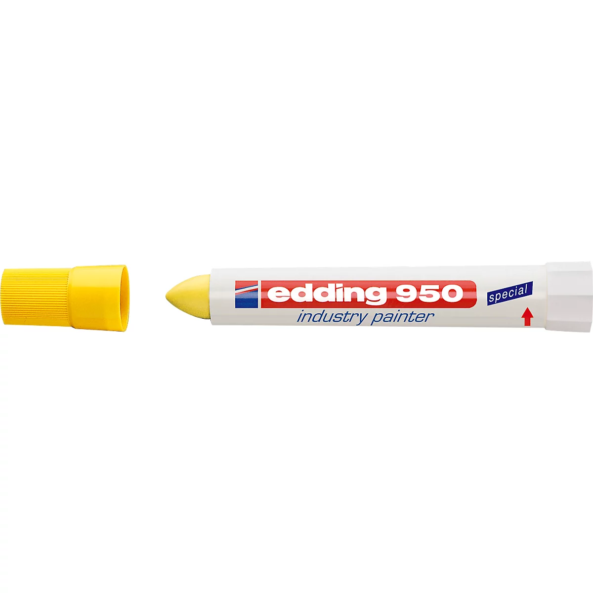 Yellow Edding 950, marker. The pen has a yellow tip and cap, the lettering 'edding 950 industry painter'.