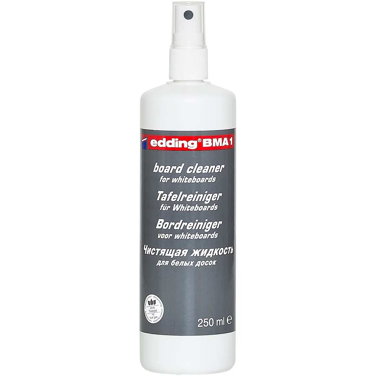 A white bottle of whiteboard cleaner from Edding. Printed texts in various languages.