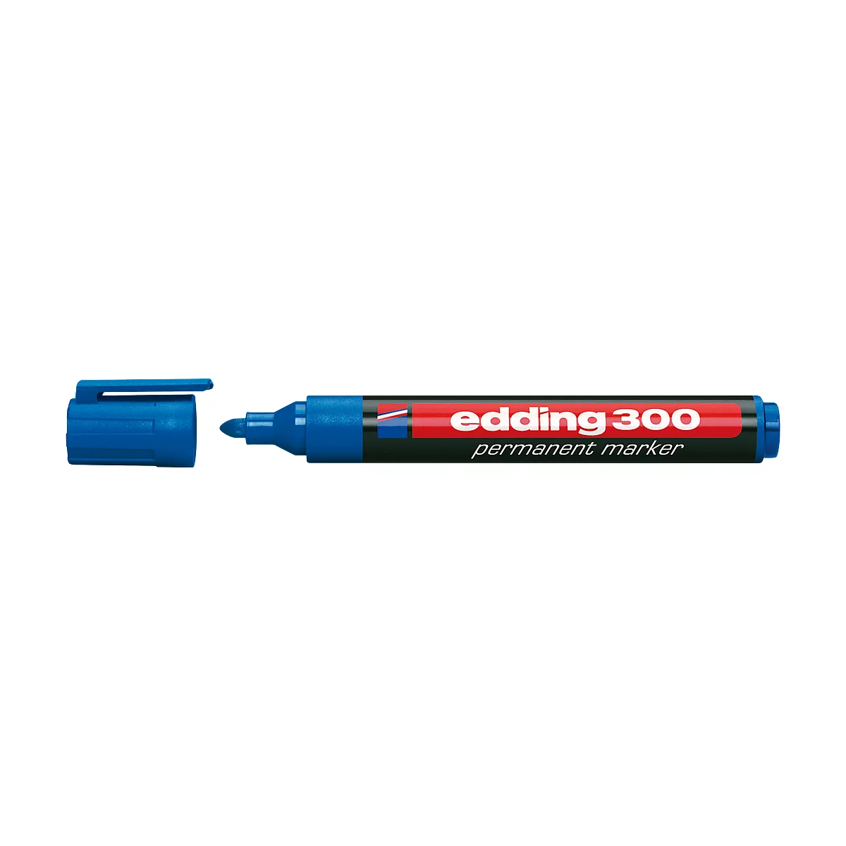 Blue Edding 300 permanent marker with open cap; inscription.