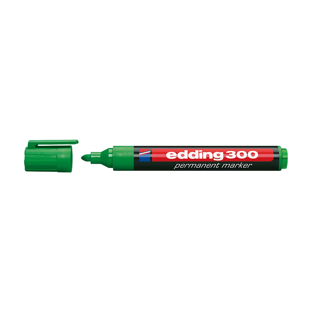Green Edding permanent marker with the cap removed. The marker is labelled 'edding 300 permanent marker'.