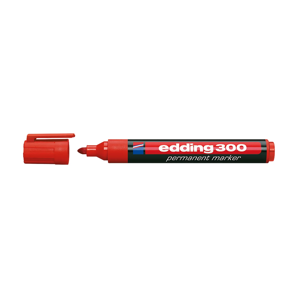 A red Edding 300 permanent marker with the cap removed. Text on the pen reads "edding 300 permanent marker".