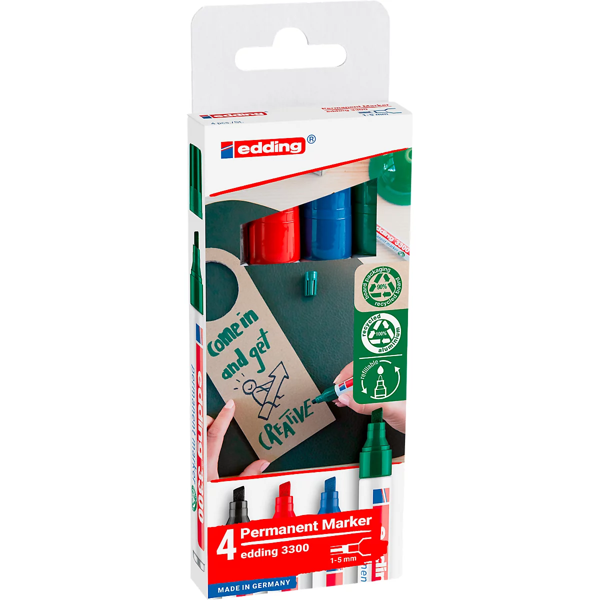 EDDING Permanent Marker 3300, mit Keilspitze, 4teilig, sortiert