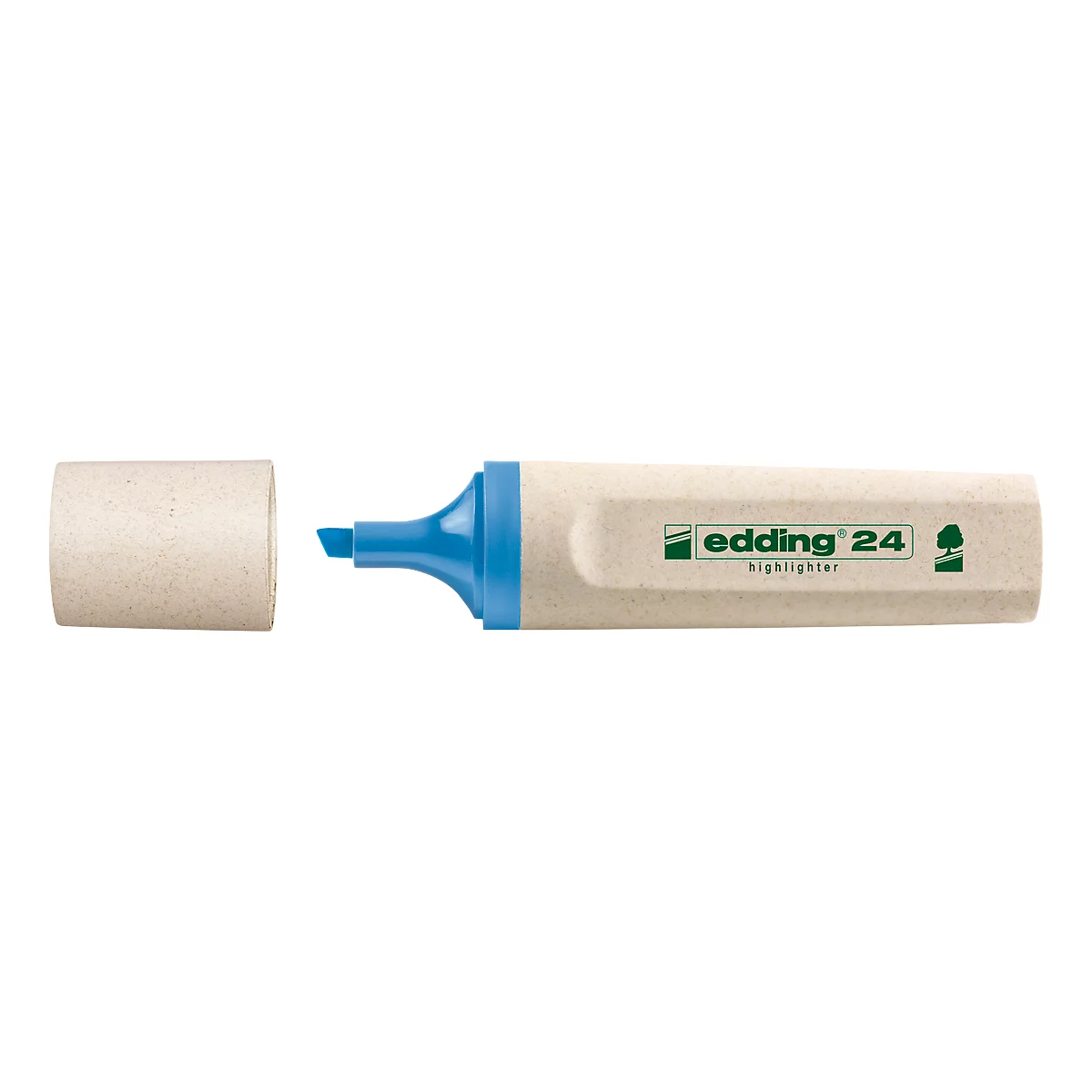Beiger Textmarker mit blauem Stift. Der Deckel ist abgenommen. Auf dem Stift steht „edding 24 highlighter“.