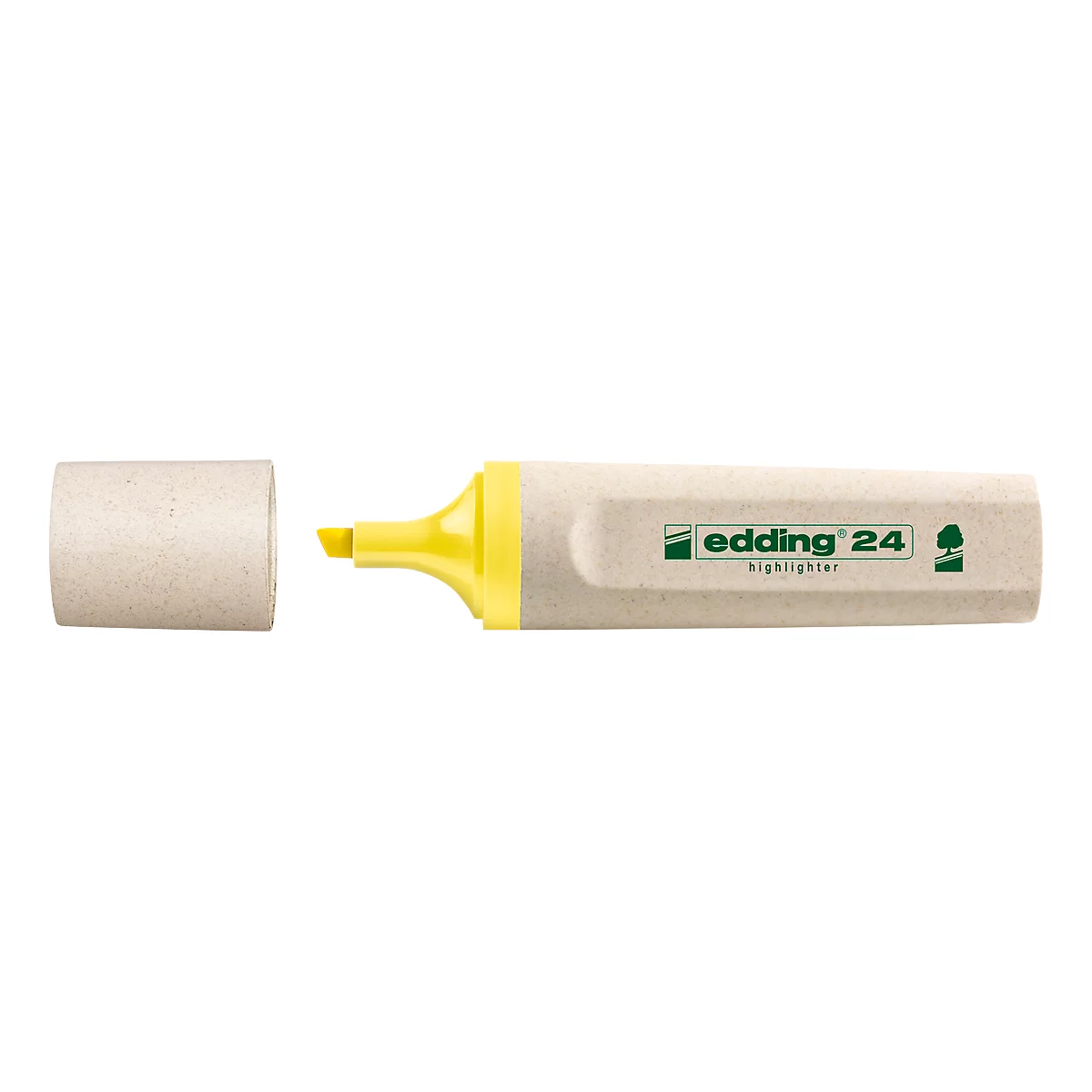 Gelber Textmarker von Edding, Kappe daneben. Aufschrift: Edding 24.