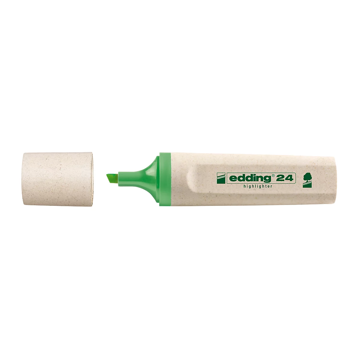 Ein Textmarker der Marke Edding mit grüner Spitze und Kappe.