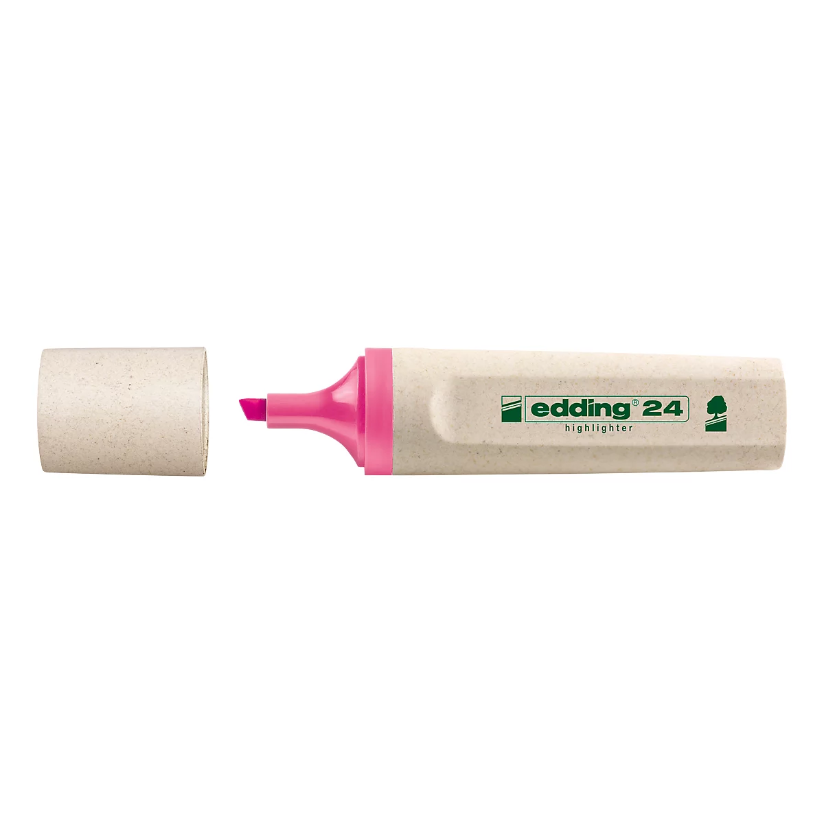 Hellbeiger Textmarker mit abgenommenem Deckel. Rosa Spitze, darauf steht „edding 24 highlighter“.
