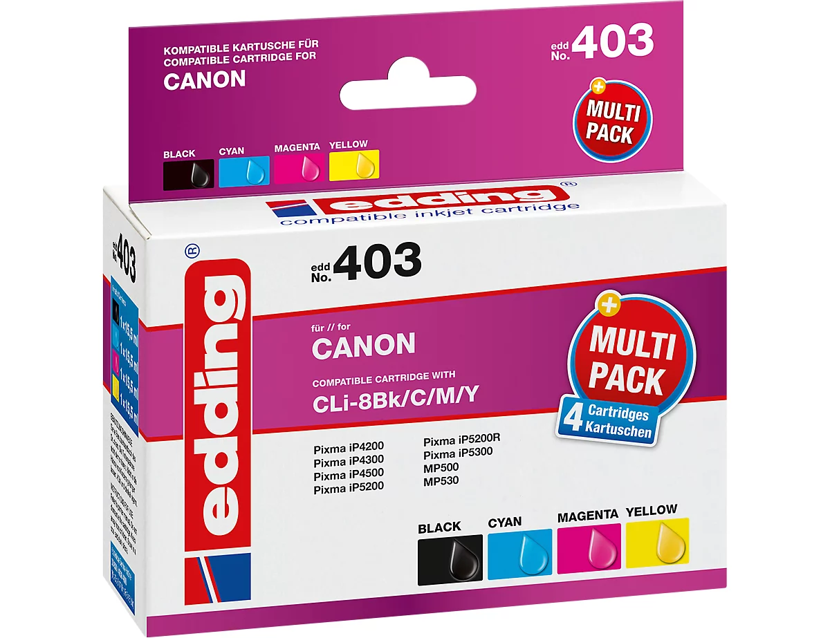 Edding Tintenpatronen EDD-403, ersetzt Canon CLI-8 CMYK (0620B001, 0621B029), Mixpack, schwarz, cyan, gelb, magenta