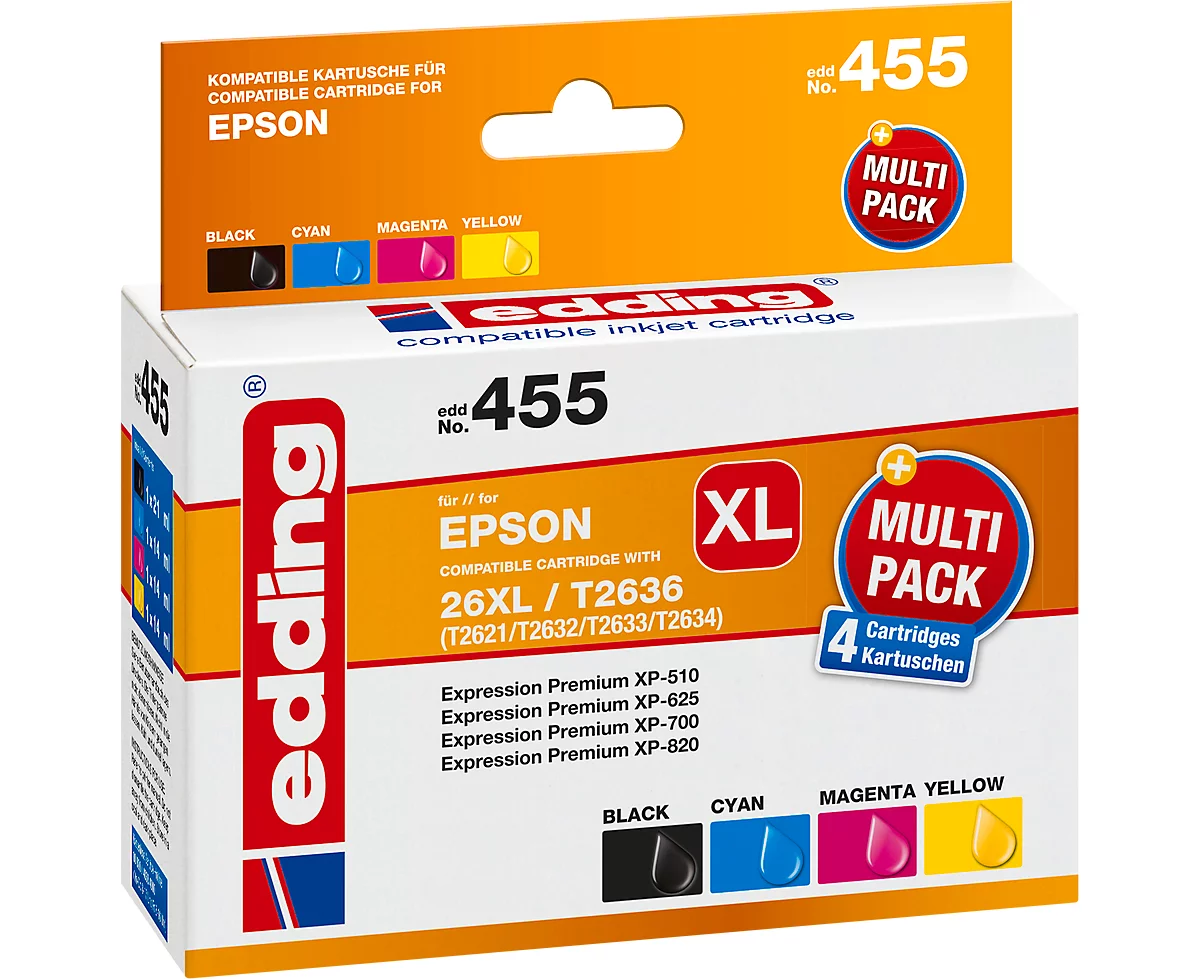 Edding Tintenpatronen EDD-455, ersetzt Epson 26XL CMYK (C13T26364010), Mixpack, schwarz, cyan, gelb, magenta