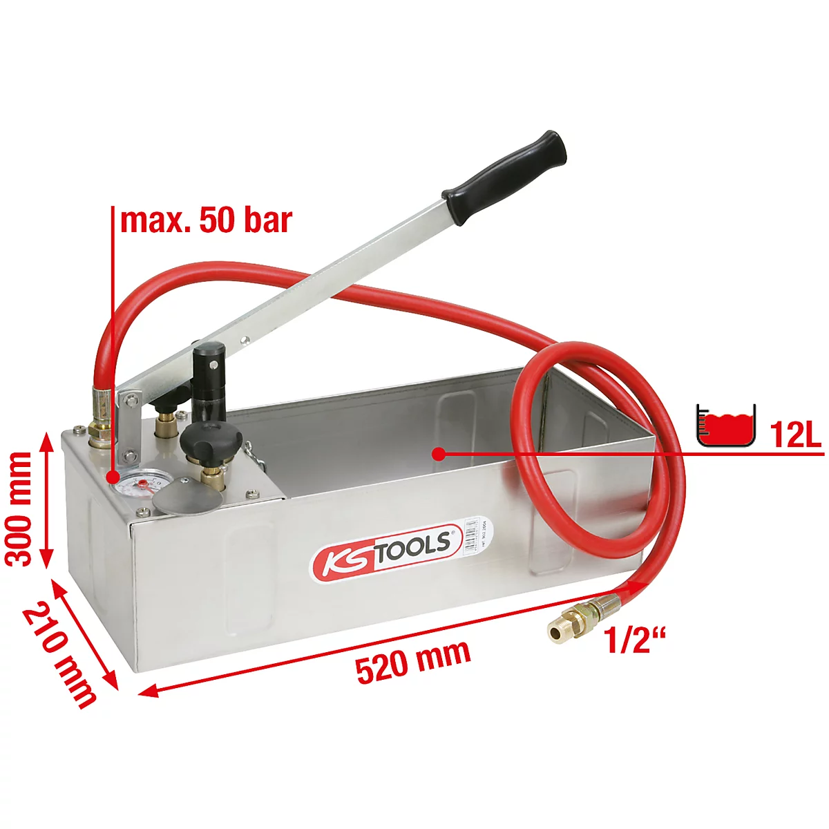 Edelstahl-Druckprüfgerät mit rotem Schlauch, Manometer, Griff. Maße: 520 x 300 x 210 mm, max. 50 bar.