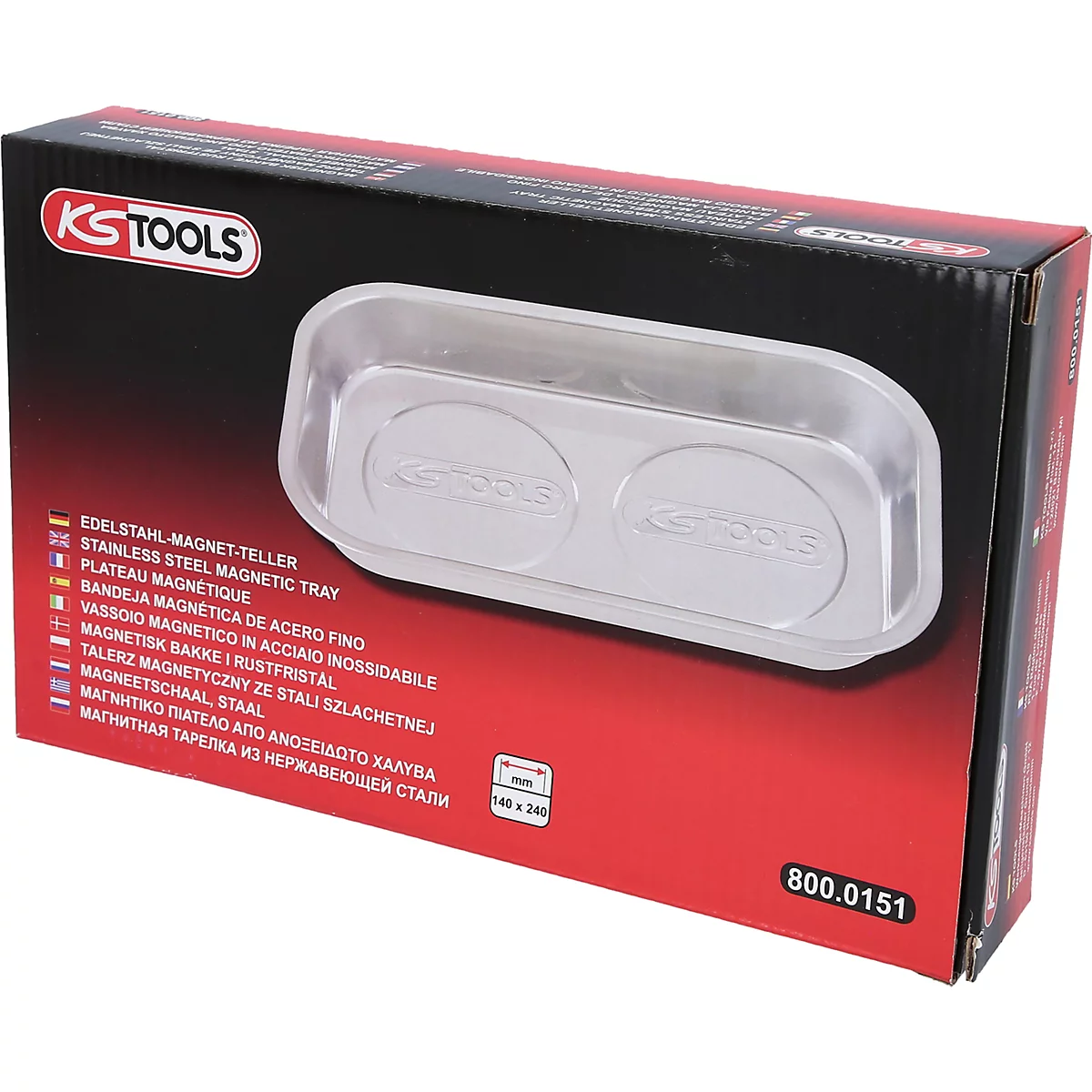 Auf einer roten Box mit Produktbezeichnungen und einem Edelstahl-Magnet-Teller von KS TOOLS. Unten rechts steht die Artikelnummer.