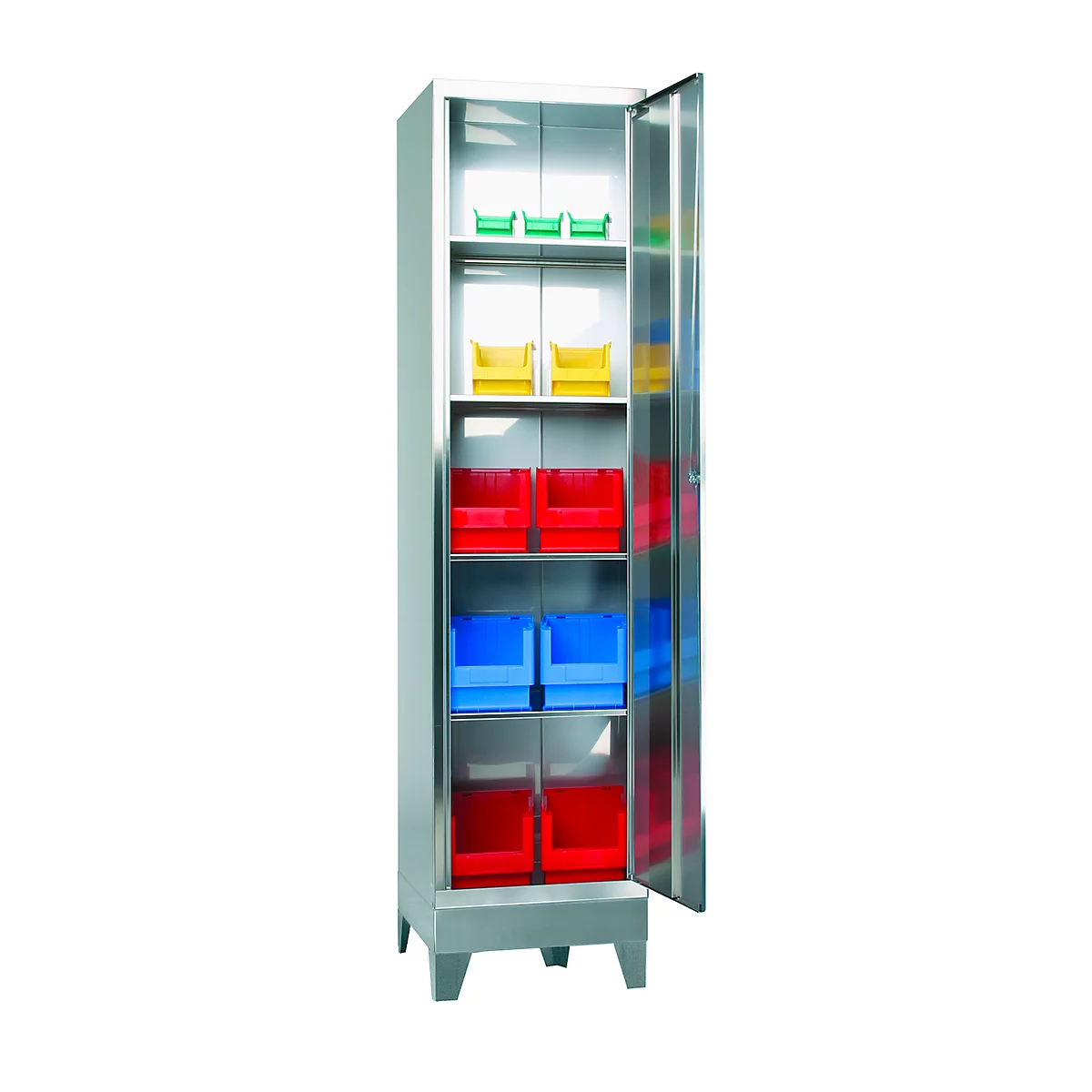 Stahlschrank mit geöffneter Tür; Innenraum mit farbigen Kunststoffboxen für Werkzeuge.