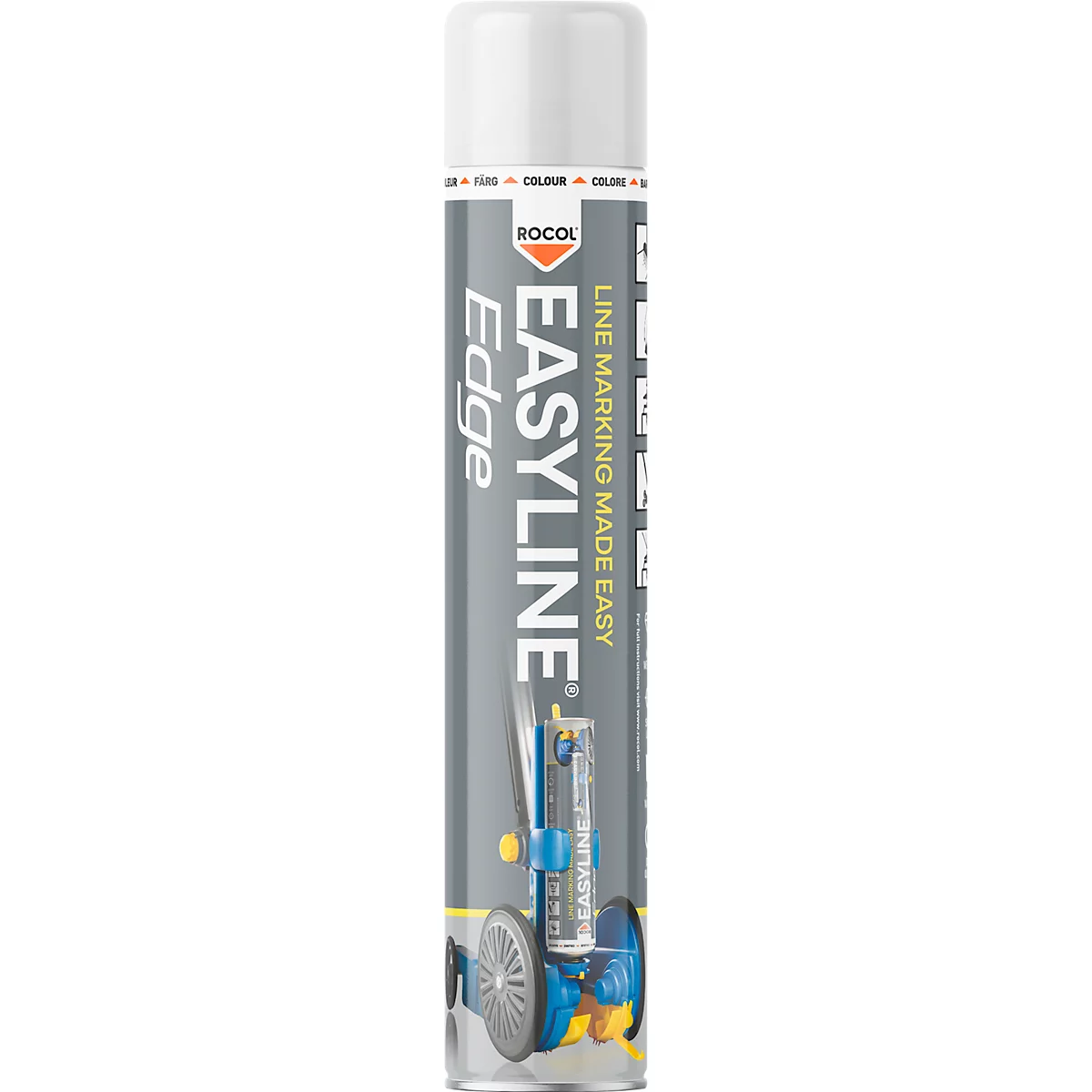 White spray can, gray background. Text EASYLINE, with a blue machine below.