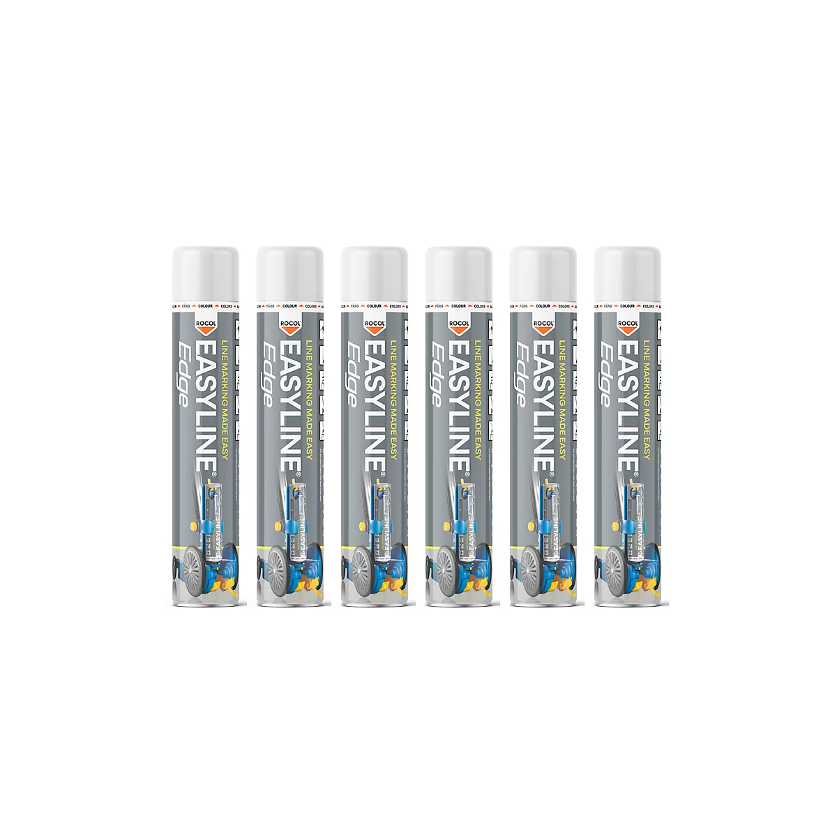 Six white spray cans with gray text reading "EASYLINE Edge".