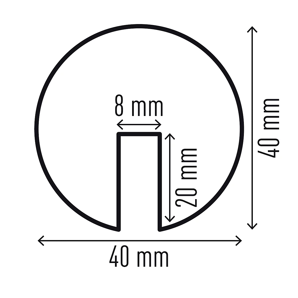 Circular shape with a cutout, labeled with measurements: 8 mm, 20 mm, and 40 mm.