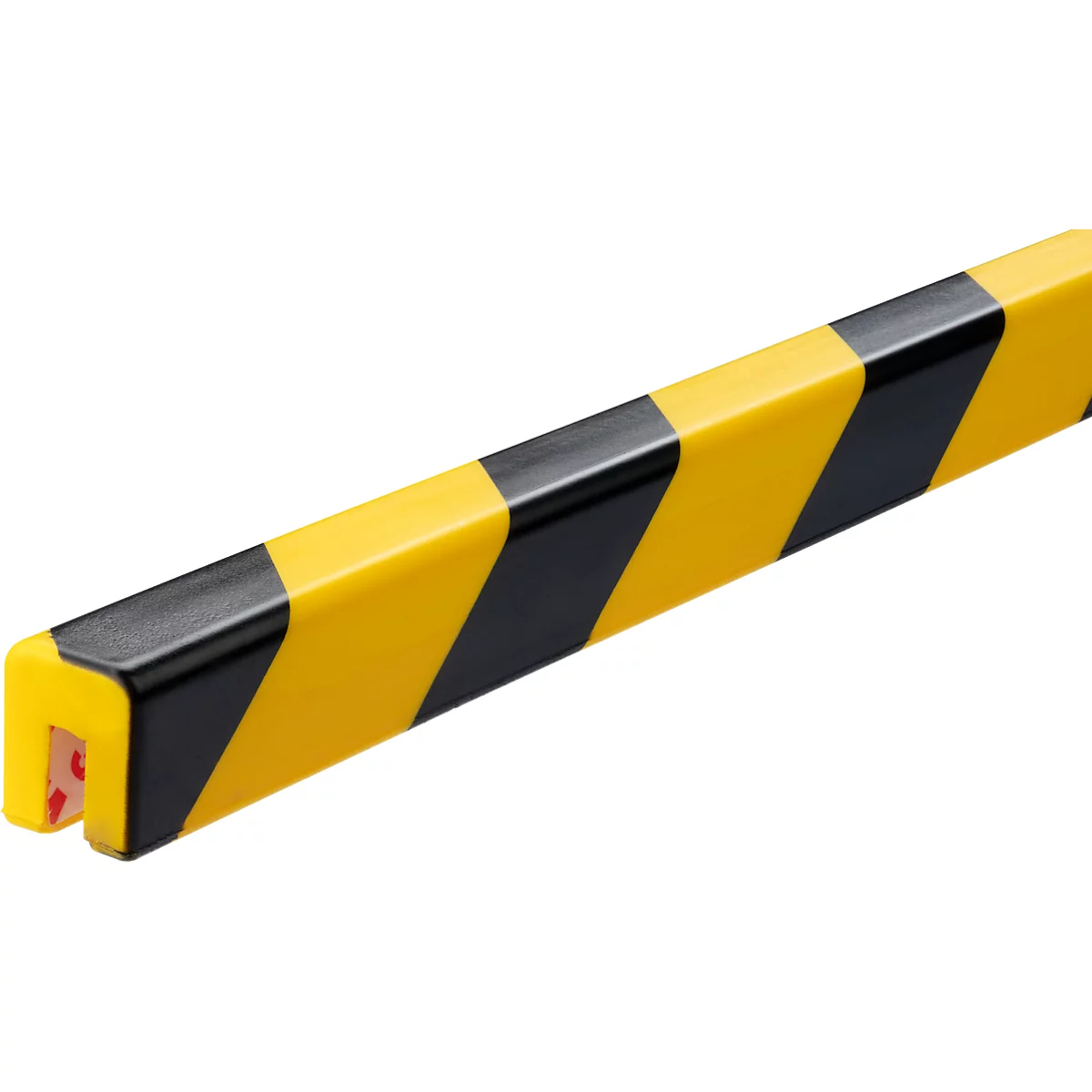 Yellow and black edge protector, diagonal stripes. Rectangular cross-section, rounded edges.