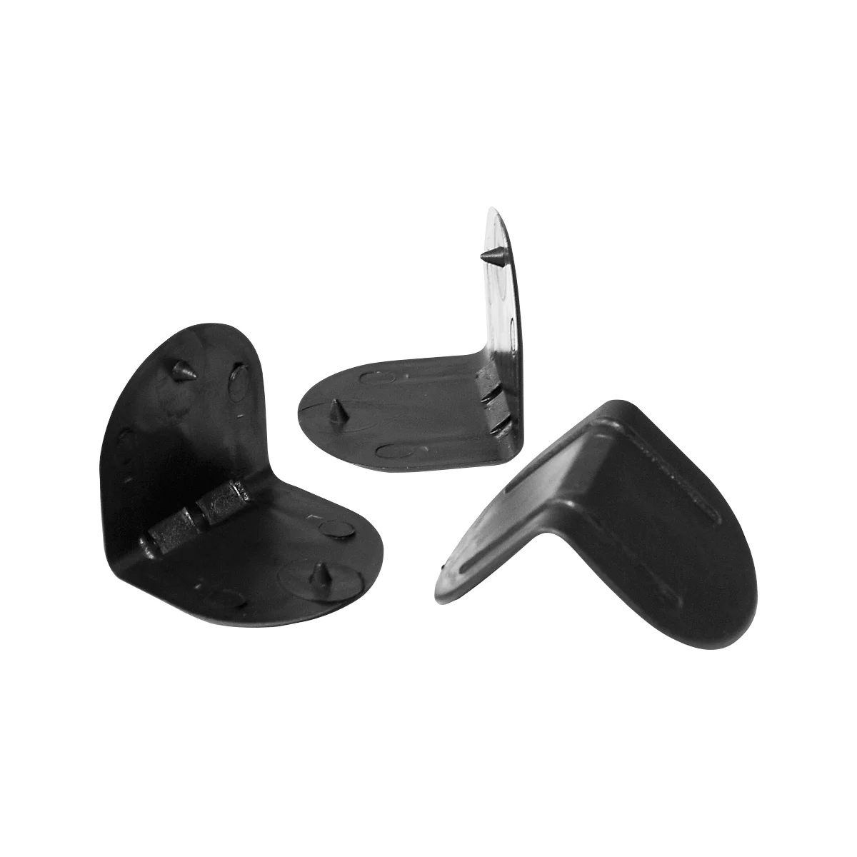 Three black corner connectors made of plastic, shown in different perspectives.